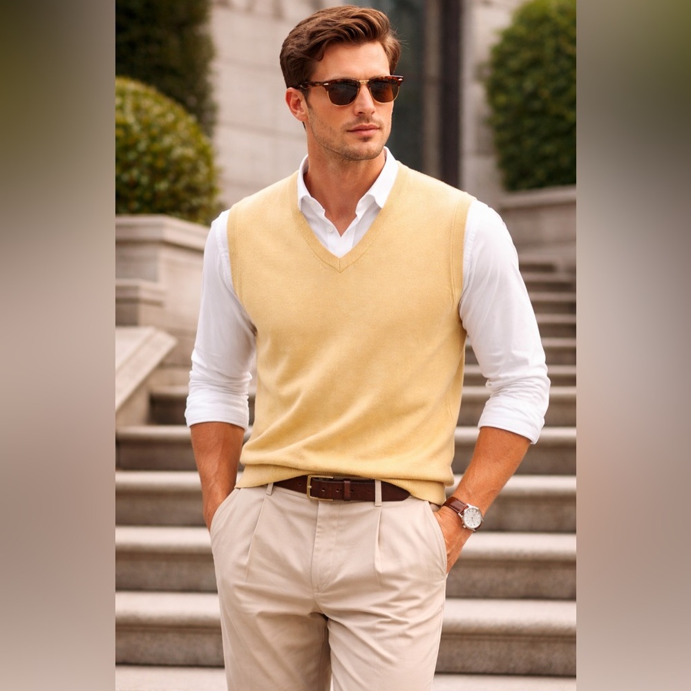 Turnbury Yellow Merino Wool Sweater Vest XL V-Neck Preppy Classic Lightweight